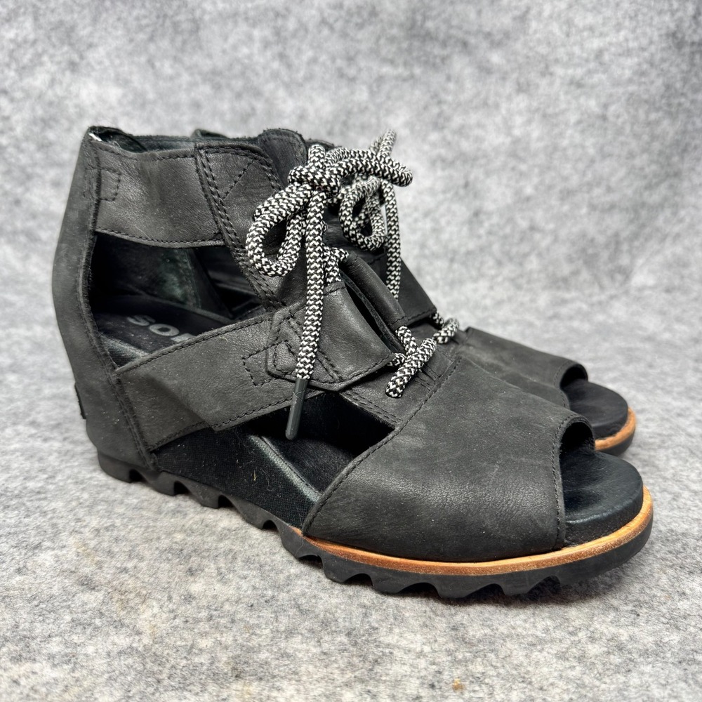 Sorel Joanie II Lace Up Wedge Sandals Womens Size‎ 9 Black Punk Goth Grunge